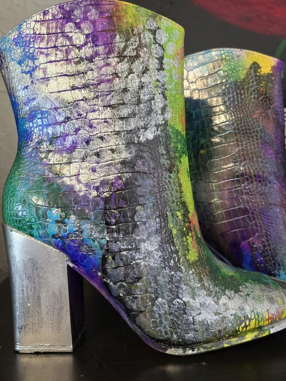 HANDCRAFTED Upcycled Ankle Boots HANDPAINTED Size 9.5 Bootie Snake Print Texture
